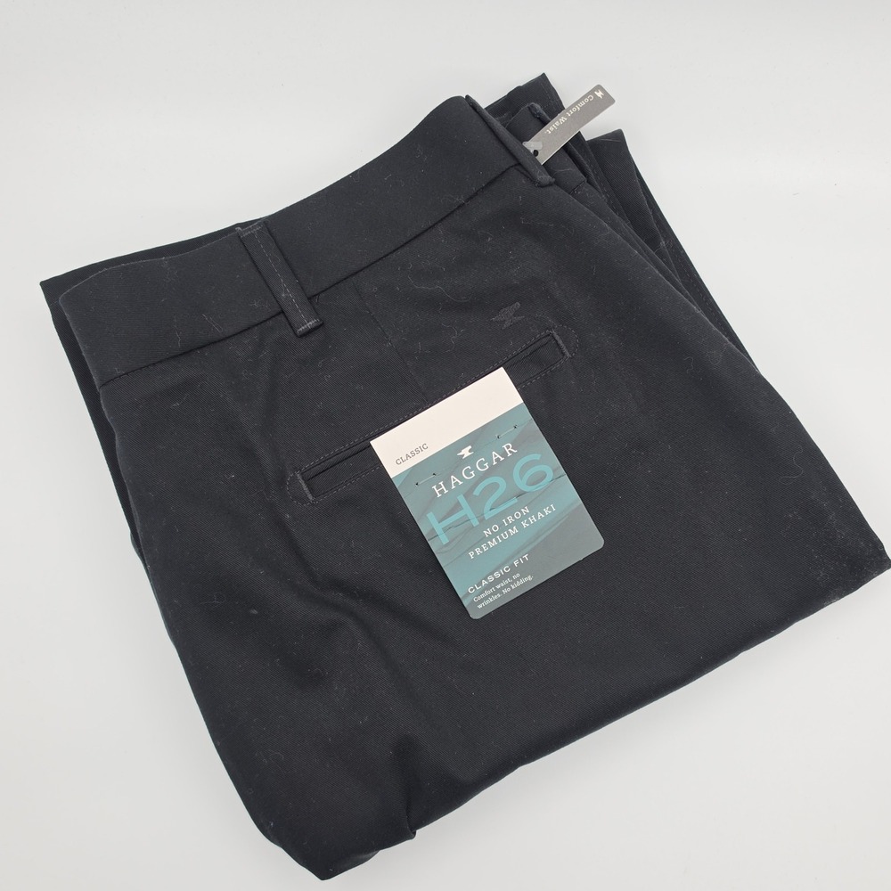 Haggar Khaki Pants Mens 38x30 H26 Premium Black New Classic Fit‎ No Iron Twill
